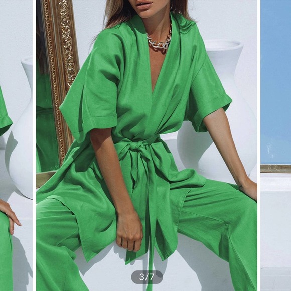 Oversized Linen Tied Two Piece Pants Set - Picture 4 of 7